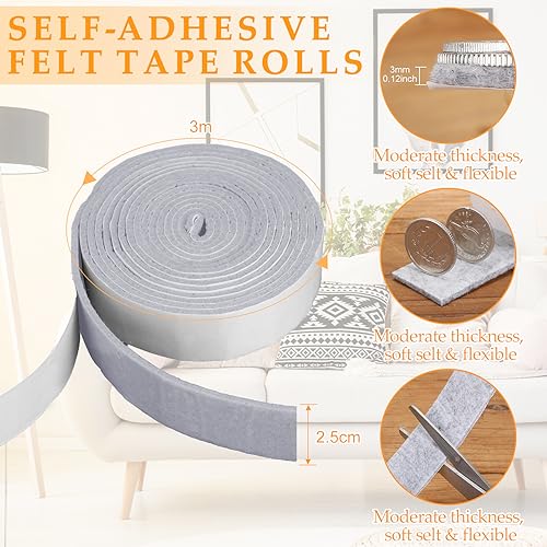 Zonon 4 Rolls 120 Inch Felt Strip with Adhesive Backing Felt Tapes Furniture Strip Rolls Self Stick Heavy Duty Polyester for Protecting Furniture and DIY Adhesive(Gray,1 Inch) - color: Grey, size: 1 Inch
