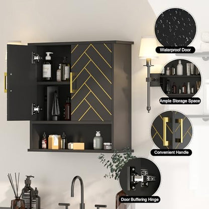 Black Chevron Pattern Bathroom Wall Cabinet, Modern Hanging Medicine Cabinet with Gold Hardware, Space-Saving Over Toilet Storage Organizer (23 5/8" x 22 7/8" x 7 1/8") - style: Chevron Pattern-Black