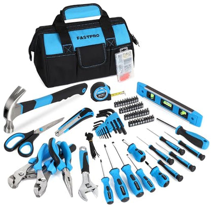 FASTPRO 220-Piece Home Tool Set, Household Repairing Tool Kit with 12-Inch Wide Mouth Open Storage Tool Bag, Blue - color: Blue