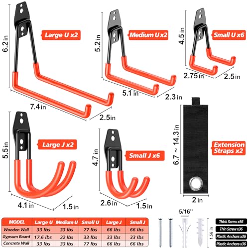 20 Pack Heavy Duty Garage Hooks,Solid Steel Wall Mount Hangers,with Anti-Slip Coating,for Hanging and Organising Ladder,Bike,Ropes,Broom,Garden,Yard and Power Tools - color: 20 Pack Orange