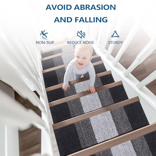 OLANLY Stair Treads Non Slip 15PCS, 8" x 30" Indoor Stair Runners for Wooden Steps, Edging Stair Rugs with Reusable Peel and Stick Adhesive for Kids Elders and Pets, Black - color: Black