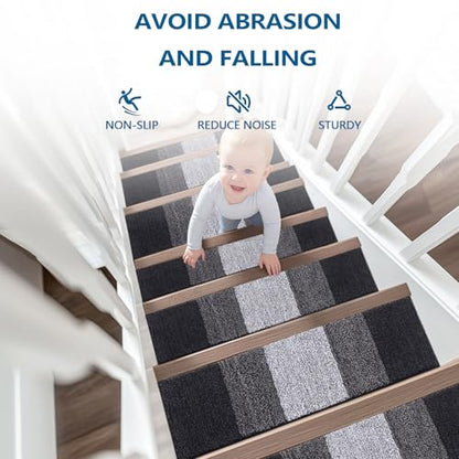 OLANLY Stair Treads Non Slip 15PCS, 8" x 30" Indoor Stair Runners for Wooden Steps, Edging Stair Rugs with Reusable Peel and Stick Adhesive for Kids Elders and Pets, Black - color: Black
