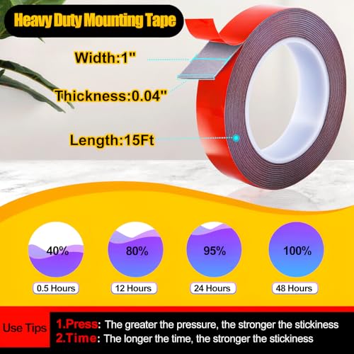 PHIXBEAR 1" Width Double Sided Foam Tape, Waterproof Outdoor Automotive Decor Wall Tape, Heavy Duty Mounting Tape, Super Strong Adhesive Tape, 15Ft Length
