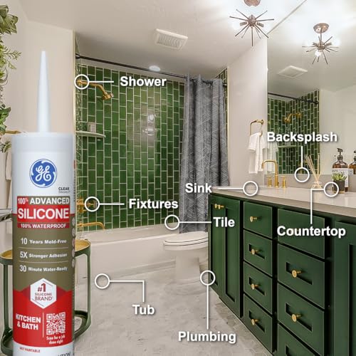 GE Advanced Silicone Caulk for Kitchen & Bathroom, Clear, 10 fl oz Cartridge, 1 Pack - 100% Waterproof Silicone Sealant, 5X Stronger Adhesion, Shrink & Crack Proof - color: Clear, size: Pack of 1