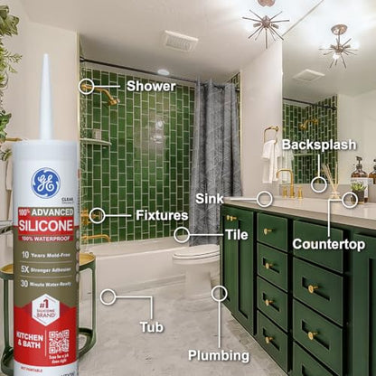 GE Advanced Silicone Caulk for Kitchen & Bathroom, Clear, 10 fl oz Cartridge, 1 Pack - 100% Waterproof Silicone Sealant, 5X Stronger Adhesion, Shrink & Crack Proof - color: Clear, size: Pack of 1