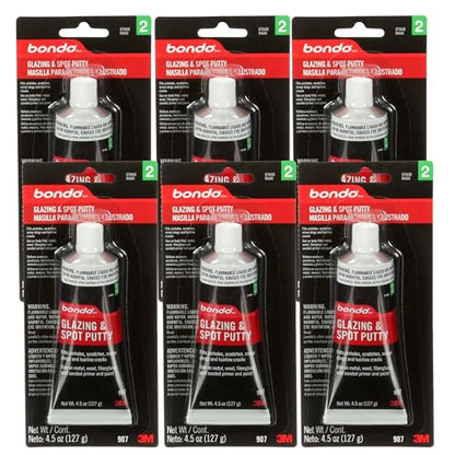 3M Bondo Glazing and Spot Putty 6-Pack, 4.5 oz Tubes, Nitrocellulose Automotive Glazing Putty for Filling Pinholes, Scratches, Minor Dings and Hairline Cracks, Sandable in 20 Minutes - size: 6 Pack