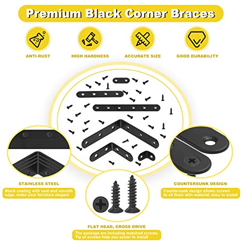 24 Sets Black Corner Braces L Brackets and Straight Braces Mending Plates Heavy Duty Assortment Kit with Screws Fasteners for Wood Shelf Chair Cabinet Furniture (20/50/100mm,40/100/160mm)