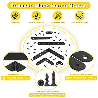24 Sets Black Corner Braces L Brackets and Straight Braces Mending Plates Heavy Duty Assortment Kit with Screws Fasteners for Wood Shelf Chair Cabinet Furniture (20/50/100mm,40/100/160mm)