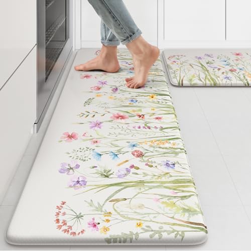 KIMODE Anti Fatigue Kitchen Mat for Floor, Farmhouse Floral Kitchen Rugs Sets of 2, Kitchen Floor Mats Non-Slip, Cushioned Standing Mat for Sink, Laundry, Desk, Home White 17"x47"+17"x29" - color: Floral/White, size: 17.3" x 47"+17.3" x 29"--0.47 inches