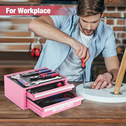 WORKPRO 12.5" Mini Tool Box with 2 Drawers & 1 Open Top Storage, Small Metal Tool Chest with PVC Liners & PP Feet Pads, Cold Rolled Steel Toolbox with Drawer Liners & Magnetic Tabs - Pink Ribbon - color: Pink