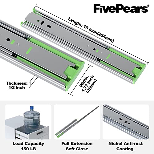 FivePears 1 Pairs 10 Inch Heavy Duty Soft Close Drawer Slides, 150 Lb Load Capacity Full Extension Ball Bearing Side Mount Drawer Runner, Rv Tool Box Kitchen Cabinet Drawer Self Closing Glide Rails - size: 10 Inch