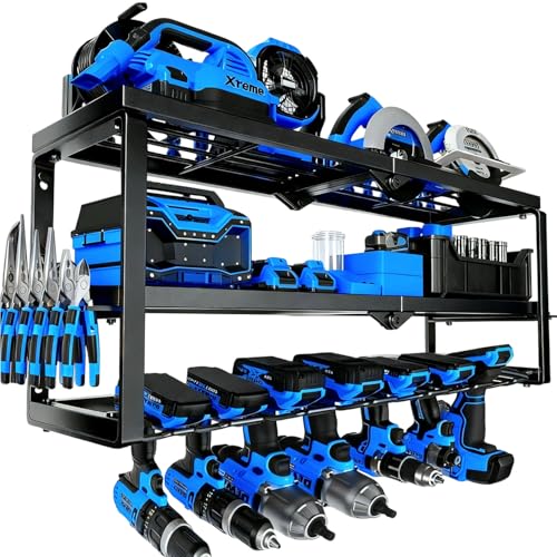 Heavy Duty Power Tool Organizer Wall Mount - 3 Tier Metal Tool Rack with 7 Drill Holders, 300LB Capacity for Garage, Workshop, Pegboard Storage - color: Without charging station, size: 3 Layer/7 Tool Holder