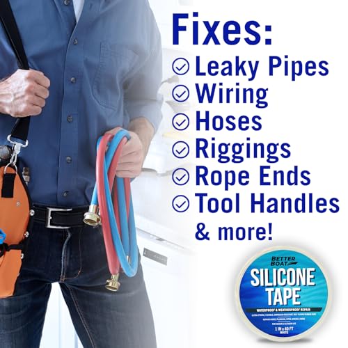 Better Boat Self Fusing Silicone Tape Waterproof White, Plumbing Tape for Leaks, Hose and Pipe Repair Tape, 1 in x 40 ft - color: White, size: 40 Ft x 1 in