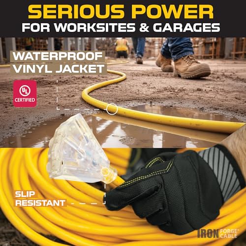 IRON FORGE CABLE 10 Foot Lighted Outdoor Extension Cord with 3 Electrical Power Outlets - 12/3 SJTW Heavy Duty Yellow Extension Cable with 3 Prong Grounded Plug for Safety, 15 AMP - size: 10 Foot, style: 1 Pack
