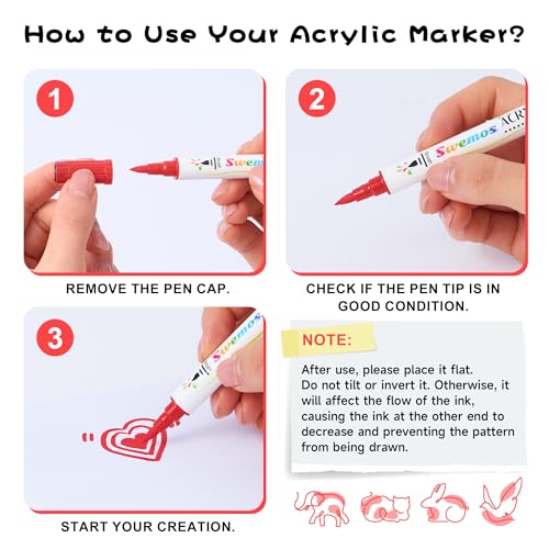 Swemos 2Pcs Red Acrylic Paint Pens Markers, Dual Tip with Fine Tip and Brush Tip Pens Acrylic Paint Markers Waterproof Acrylic Markers Set for Rock, Canvas Stone, Wood, Glass, Metal (RED, 2) - style: RED