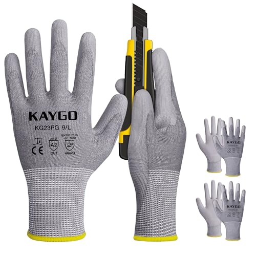 KAYGO Cut Resistant Gloves PU Coated 3 Pairs, ANSI Cut Level A2, Lightweight Safety Work Gloves, Ideal for Industrial and Construction (Large,Grey) - color: Grey Ansi A2, size: Large