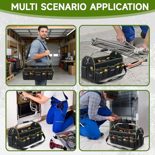 16 In Electrician Tool Bag, Foldable Bags For Men Heavy Duty, Open Top Tool Tote, 30 Pockets Can Hold Many fittings, Organizer Stainless Steel Handle and Removable Shoulder Strap - size: 16IN