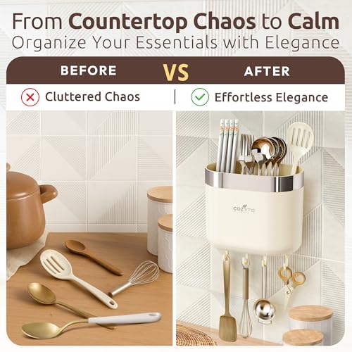 COZYTO LuxTray U1-Pro Wall Mounted Utensil Holder – Kitchen Organizer with Hooks, Dividers & Drain Tray, No-Drill Adhesive Wall Mount Storage, BPA-Free (Cream White & Shiny Silver) - color: Cream White & Shiny Silver