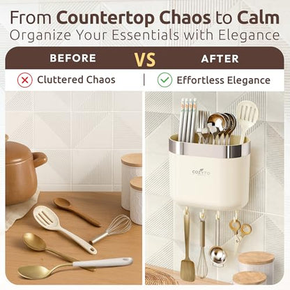COZYTO LuxTray U1-Pro Wall Mounted Utensil Holder – Kitchen Organizer with Hooks, Dividers & Drain Tray, No-Drill Adhesive Wall Mount Storage, BPA-Free (Cream White & Shiny Silver) - color: Cream White & Shiny Silver