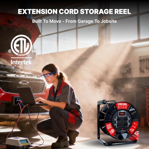 1ft Cord Reel, Retractable Extension Lead with Winding Handle, Safety Overload Circuit Breaker and Power Switch, 4x Grounded Outlets, 13amps, 14AWG Cable
