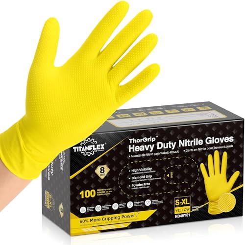 TitanFlex Heavy Duty Industrial Nitrile Gloves with Raised Diamond Texture, 8-mil, Latex Free (Green/Dark Green/Yellow) - color: 08 Yellow (100ct), size: Small