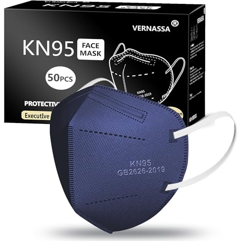 Navy Blue KN95 Face Masks 50 Pack, 5-Layer Disposable Masks for Adults, Breathable & Comfortable, Filter Efficiency ≥95%, Protective Masks for Home, Travel, Work - color: Navy Blue