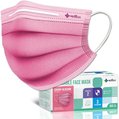 Medtecs Face Mask Disposable – Available in 50 & 2,000 pcs – ASTM Level 1, 3-Ply Breathable, Soft Fit – Adult Size – Ideal for Commuting & Daily Wear - color: 04. Cherry Blossom, size: Adult - 50PC
