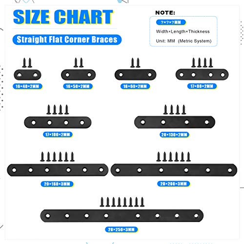 Glarks 20 Sets 40mm Flat Straight Corner Brace Black Metal Joint Plate Connector Repair Fixing Bracket with 45Pcs Screws for Wood Furniture (40x2mm) - size: 40x2mm