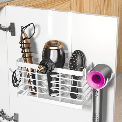 Sevenblue Hair Tool Organizer, 2026 Upgraded 3-in-1 Universal Hair Dryer Holder, Adjustable Height Metal Blow Dryer Holder Wall Mounted/Over Cabinet Door, Bathroom Organizer and Storage(White) - color: White