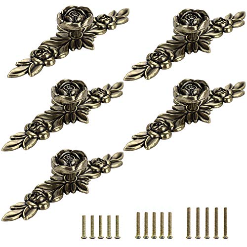 JUXYES Pack of 5 Euro Rose Decorative Cabinet Knobs with Plate, Floral Ivory Drawer Knob Cupboard Door Knobs, Ivory White Drawer Pulls Cabinet Handle Knobs for Dresser Cabinet - color: Antique Bronze, size: Large