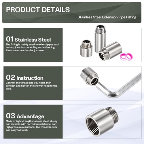 Shower Head Extension Arm, 304 Stainless Steel G1/2 Male to Female Thread 25mm/0.98" Length Extender Pipe Fitting Nipple for Showers, Faucets, and Plumbing with PTFE Thread Seal Tape 3 Pack - size: 25mm/0.98"