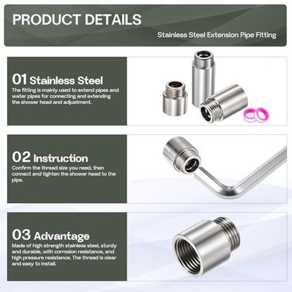 Shower Head Extension Arm, 304 Stainless Steel G1/2 Male to Female Thread 30mm/1.18" Length Extender Pipe Fitting Nipple for Showers, Faucets, and Plumbing with PTFE Thread Seal Tape 3 Pack - size: 30mm/1.18"
