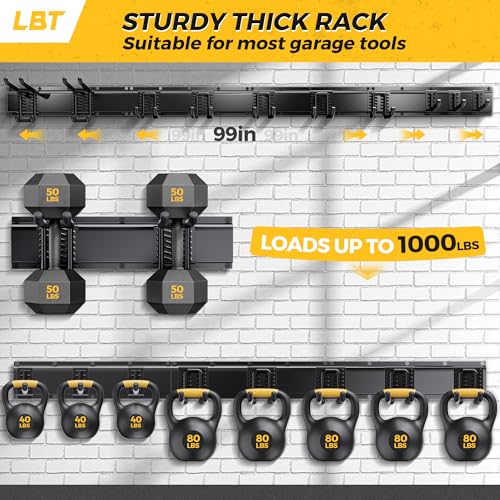 LBT 99" Garage Tool Organizer Wall Mount - 1000lbs Garden Tool Organizer with Adjustable Hooks, Heavy Duty Metal Garage Storage Rack, Anti-Rust Shed Rack Holder Hanging Rake Broom Mower Snowboard - size: 99inch