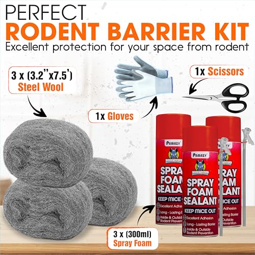 [Upgraded] Rodent Barrier Kit, 3Pcs Steel Wool Included 3Pcs PU Spray Foam for Mice Control, 3.2"x7.5’ Rodent Control Fill Fabric, Gloves, Scissors, Gap Blocker in Hole Pipeline Vent in House, Garage - style: 3Pcs Steel Wool + 3Pcs Spray Foam