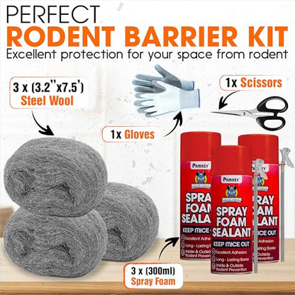 [Upgraded] Rodent Barrier Kit, 3Pcs Steel Wool Included 3Pcs PU Spray Foam for Mice Control, 3.2"x7.5’ Rodent Control Fill Fabric, Gloves, Scissors, Gap Blocker in Hole Pipeline Vent in House, Garage - style: 3Pcs Steel Wool + 3Pcs Spray Foam