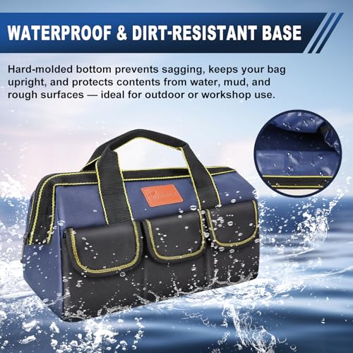 12-Inch Tool Bag with Waterproof Hard Bottom, Durable Wide Mouth Tote Tool Organizer with Multiple Pockets for Electricians Carpenters Mechanics and DIY Projects, Blue