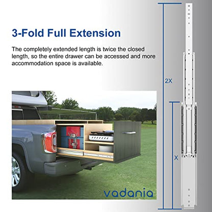 VADANIA 52" Heavy Duty Drawer Slide Without Lock, #A76, 2" Width Up to 250lb Load Capacity, 3-Fold Full Extension, Ball Bearing, Side Mount, 1-Pair - color: #A76 - Without Lock, size: 52 Inch