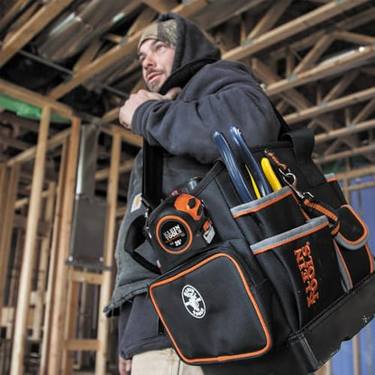 Klein Tools 5541610-14 Tool Bag with Shoulder Strap Has 40 Pockets for Tool Storage and Orange Interior - size: 10-inch Tote