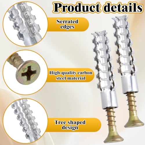80pcs Tree Shaped Wall Anchor with Screws, M6 Loose Hinge Hole Expansion Screws Anchors, Heavy Duty Steel Repairing Kits for Hollow Concrete Wall Drywall- Silver & Gold