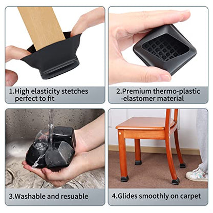 Ezprotekt Chair Leg Sliders for Carpet, 24 Pcs Square Chair Glides for Carpet, Carpet Furniture Pads Stool Leg Protectors Caps, Carpet Furniture Glides Quickly and Easily (XL Fit: 1.5" - 2") - size: XL - Black