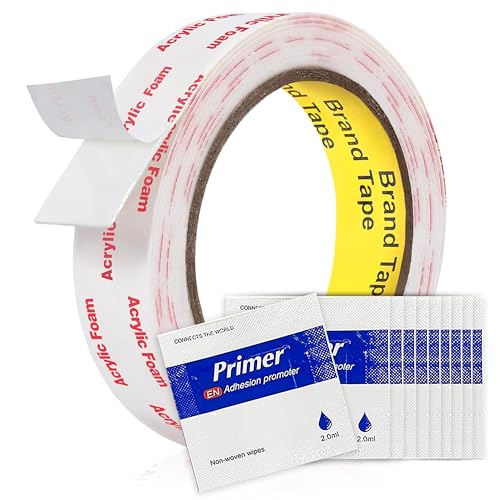 Tapsi Heavy Duty Double Sided Mounting Tape 1" x 9.85FT – Acrylic Foam Tape with 10 Adhesion Promoter Wipes, Waterproof Removable Adhesive for Car Trim, LED Strips, Pictures & Signs