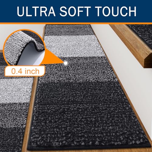 OLANLY Stair Treads Non Slip 15PCS, 8" x 30" Indoor Stair Runners for Wooden Steps, Edging Stair Rugs with Reusable Peel and Stick Adhesive for Kids Elders and Pets, Black - color: Black