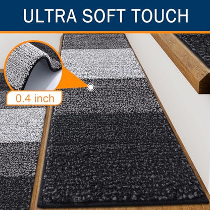 OLANLY Stair Treads Non Slip 15PCS, 8" x 30" Indoor Stair Runners for Wooden Steps, Edging Stair Rugs with Reusable Peel and Stick Adhesive for Kids Elders and Pets, Black - color: Black