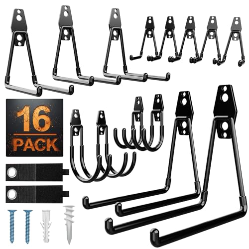 Pack 16 Garage Hooks Heavy Duty | Multi-Sized Wall-Mounted Tool Hangers with Anti-Rust PVC Coating | Heavy Duty Wall Hooks for Bikes, Ladders, Garden Tools, and More