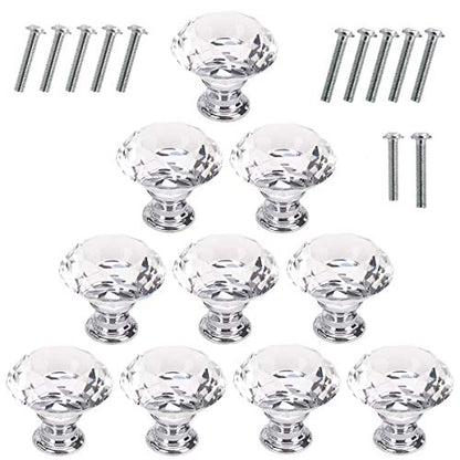 Akstore 10 Pcs Crystal Glass Cabinet Knobs 30mm Diamond Shape Drawer Kitchen Cabinets Dresser Cupboard Wardrobe Pulls Handles (Clear) - color: Clear-Silver