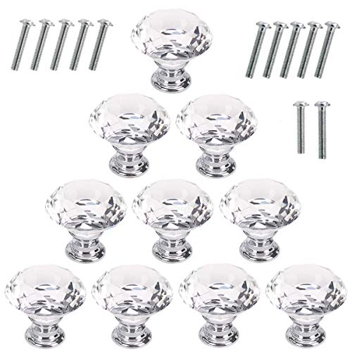 Akstore 10 Pcs Crystal Glass Cabinet Knobs 30mm Diamond Shape Drawer Kitchen Cabinets Dresser Cupboard Wardrobe Pulls Handles (Clear) - color: Clear-Silver