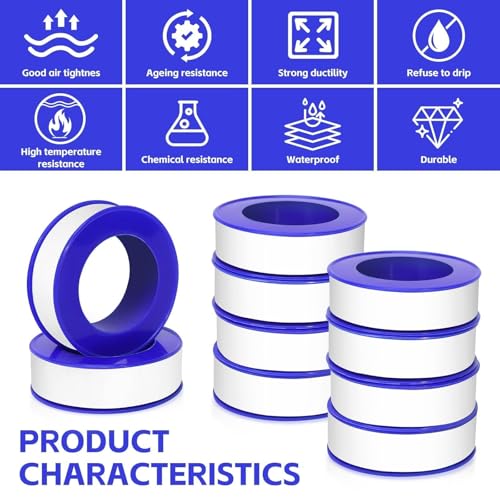 12 Rolls Teflon Tape for Plumbers, 1/2 x 520 Inches PTFE Thread Seal Tape, White Pipe Sealant for Shower Head, Water Pipe Sealing and Leak Prevention, Sealing Tape for Threaded Connections