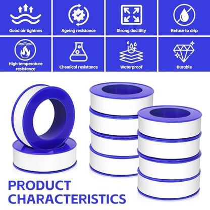 12 Rolls Teflon Tape for Plumbers, 1/2 x 520 Inches PTFE Thread Seal Tape, White Pipe Sealant for Shower Head, Water Pipe Sealing and Leak Prevention, Sealing Tape for Threaded Connections