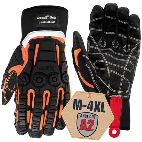 Cestus 3075, Coarse Palm Heavy Duty Work Gloves, ANSI A2 Cut Resistant Impact Gloves for Extrication Construction Demolition - size: XX-Large, style: Black Palm