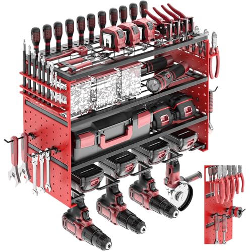 Power Tool Organizer Wall Mount, Cordless Drill Hanger Storage Rack 8 Drill Holder, 4 Layer Heavy Metal Large Capacity Tool Rack for Garage Organization (Red, 4 Drills Holder) - color: Red, size: 4 Drills Holder